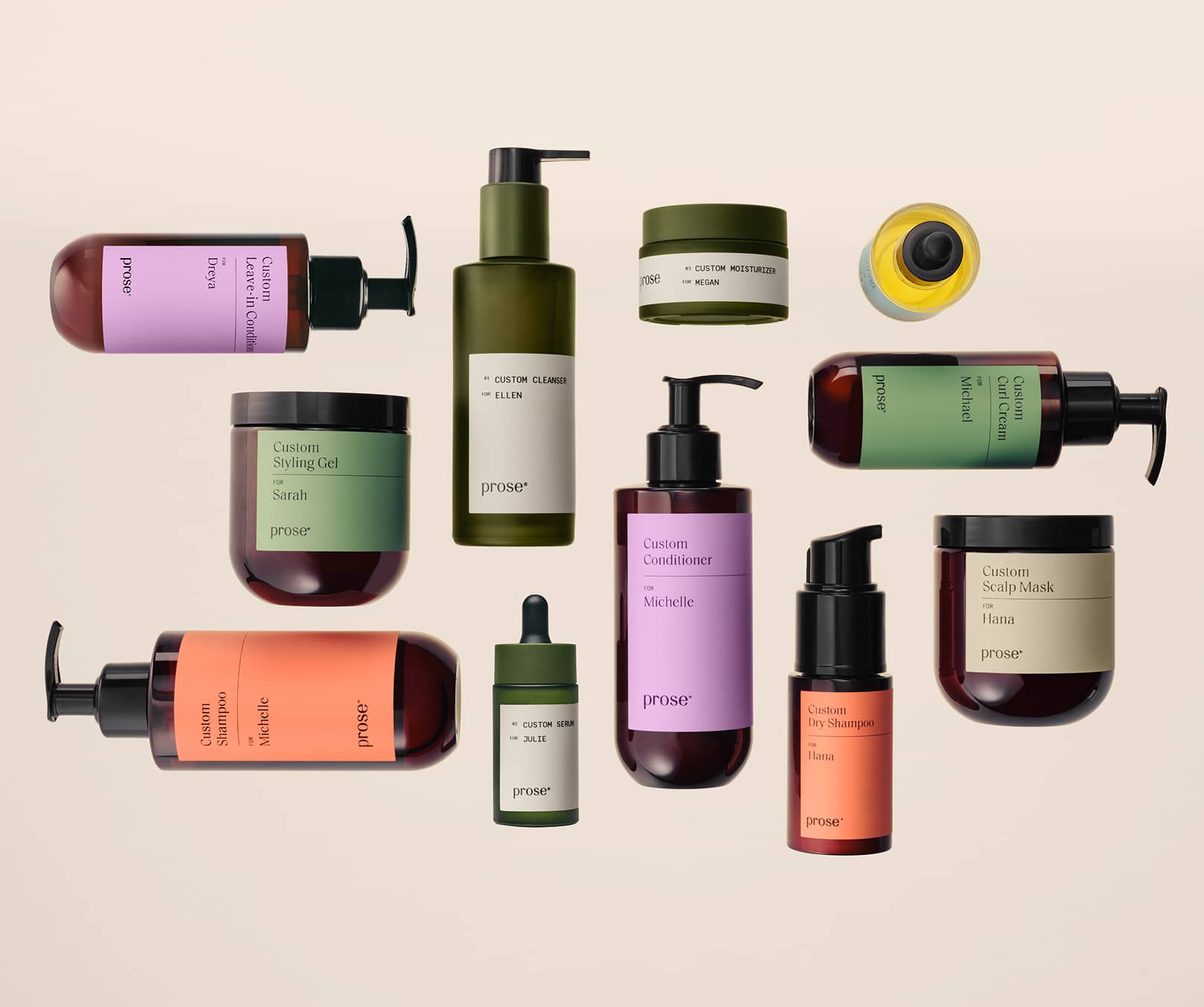 Flat lay of personalized Prose haircare products, each labeled with a customer's name